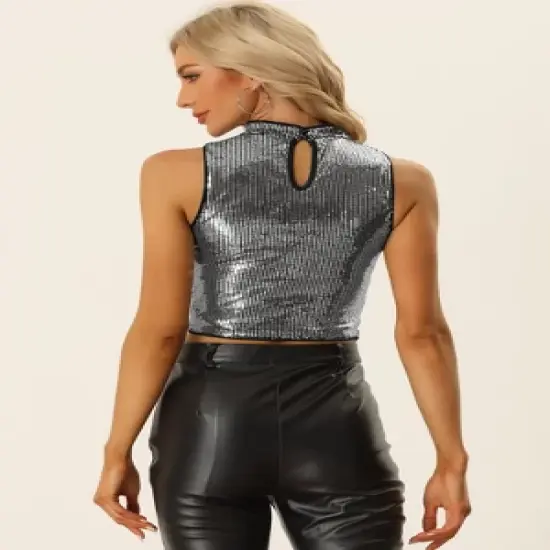 Allegra K Sequin Top for Women's Sleeveless Party Metallic Sparkly Top image {2}