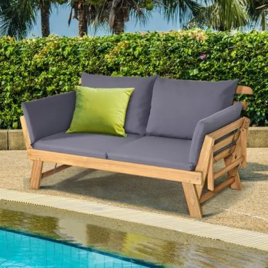 Tangkula Outdoor Folding Daybed Patio Acacia Wood Convertible Couch Sofa Bed TurquoiseRed WhiteDark Grey image {2}