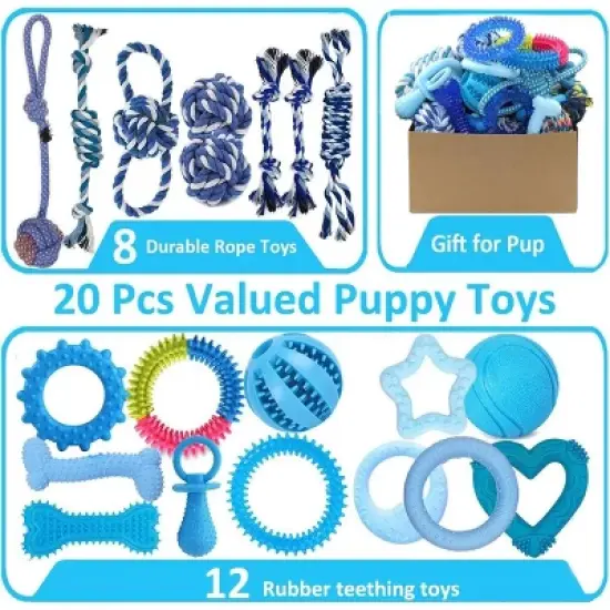 Itopfox 20 Pack Puppy Chew Toys - Blue Dog Teething Toys for Puppies, Teething Rings and Durable Ropes, Rubber Toy Bundle for Small Dogs image {4}