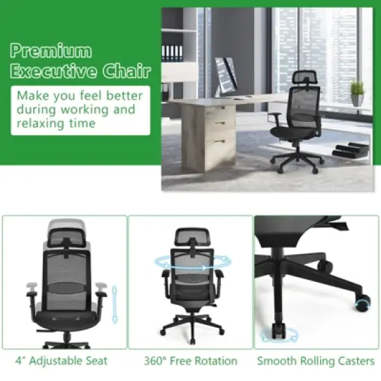 Tangkula High Back Mesh Office Chair Ergonomic Executive Chair Swivel Computer Task Chair w/ Headrest Black/ Gray image {4}