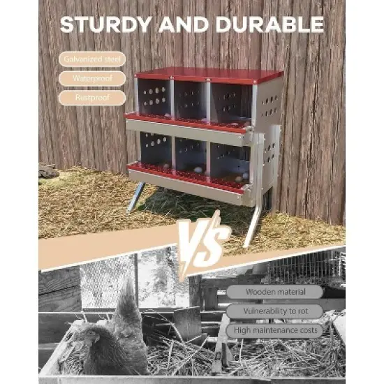 Red Metal Chicken Nesting Box, 6 Compartment Wall-Mountable Roll Away Design, Rustproof Waterproof Ventilated with Perch & Legs image {4}