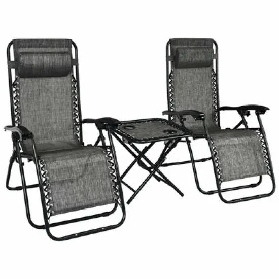 Costway 3PCS Zero Gravity Recliner Lounge Chairs Pillows Table Portable Folding Grey image {5}