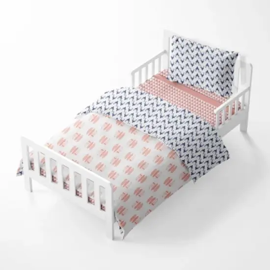 Bacati - Olivia Coral/Navy Buck/Feathers/Triangles Muslin 4 pc Toddler Bedding Set image {1}