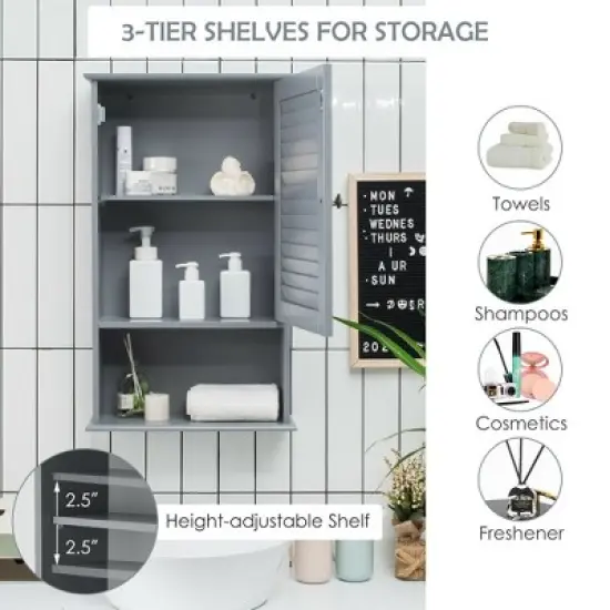 Costway Bathroom Wall Mount Storage Cabinet Single Door w/Height Adjustable Shelf Grey image {4}
