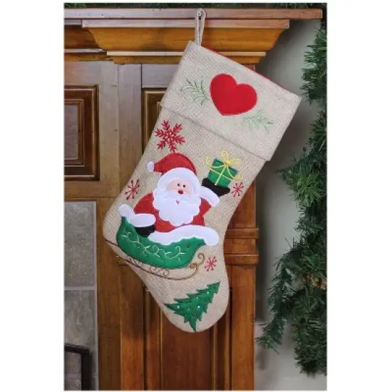 Northlight 19" Red and Green Santa Claus in Sleigh Embroidered Christmas Stocking image {1}
