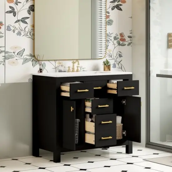 36" Modern Bathroom Vanity with Ceramic Sink, Freestanding Storage Cabinet with 4 Drawers & 2 Soft-Close Doors, Solid Wood Frame - ModernLuxe image {1}