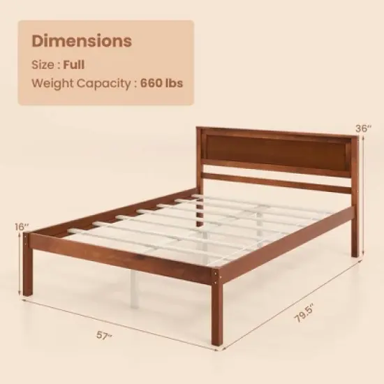 Costway Full/Queen/Twin Size Wooden Platform Bed Frame with Headboard Mattress Foundation Walnut image {2}