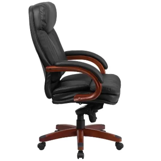 Emma and Oliver High Back Black LeatherSoft Synchro-Tilt Ergonomic Office Chair with Wood Base image {7}