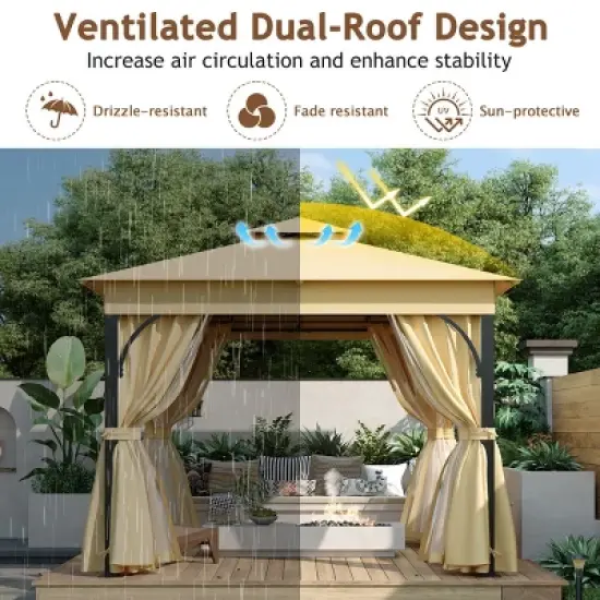 Patio Metal Gazebo with Double Roof and Netting,Outdoor Patio Hardtop Gazebo with Curtains,Patio Canopy for Garden,Deck-Coolbibila image {2}