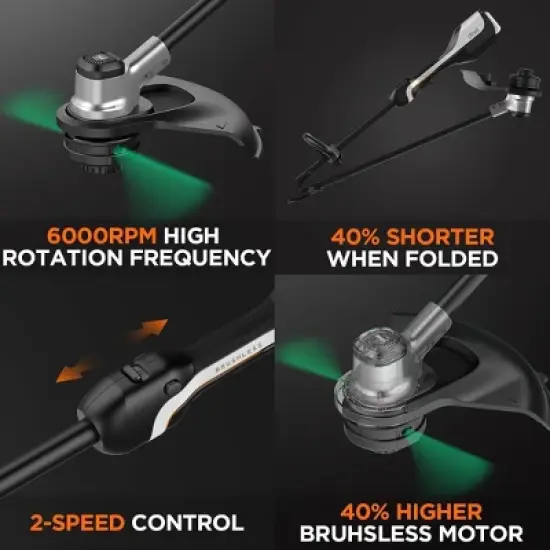 14" 20V U20 Cordless Brushless Battery Powered String Trimmer: Dual Line, Foldable, Safety Lock image {1}