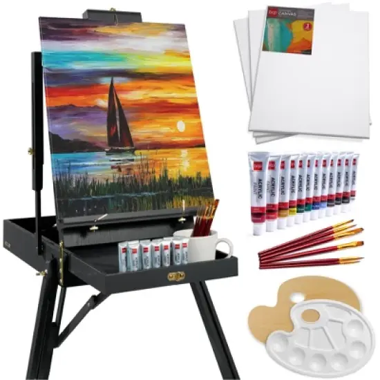 Best Choice Products French Easel, 32pc Beginners Kit Portable Wooden Adjustable Tripod  w/ Paint Supplies image {8}