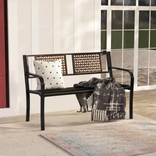 Costway 50" Outdoor Metal Park Bench with Rattan-Like Backrest & Curved Armrests image {4}