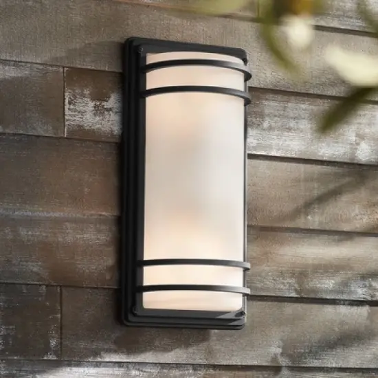 John Timberland Habitat 16" High Modern Outdoor Wall Sconce Light Fixture Mount Porch House Exterior Weatherproof Black Metal Frosted Glass Shade image {1}