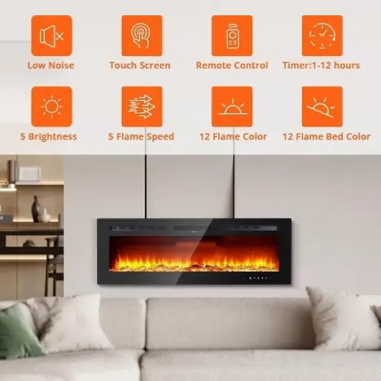 Acekool 90" Built-in Electric Fireplace - Wall Mount Heater, 12 Flame Effects, Touchscreen & Remote, Ultra-Slim Black Design image {2}