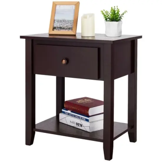 Costway 2PCS Nightstand Sofa End Side Table W/ Storage Drawer Bottom Shelf Espresso image {6}