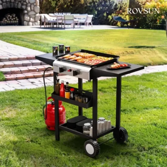 ROVSUN 2 Burner Portable Propane Griddle, 20000 BTU Rolling Flat Top Gas Grill with Electronic Ignition & Regulator for Outdoor Camping BBQ Tailgating image {6}