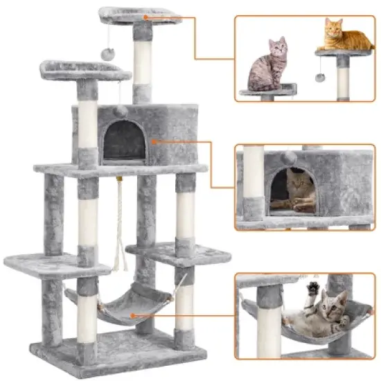 Yaheetech 59"H 4-Level Plush Cat Tree with Condos - Light Gray image {3}