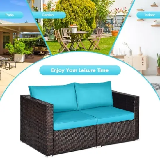 Tangkula 4PCS Rattan Corner Sofa Set Patio Outdoor Furniture Set w/ Blue Cushions image {3}