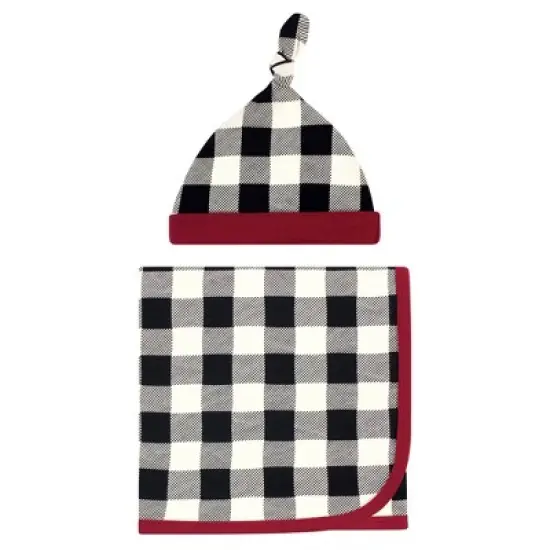 Touched by Nature Baby Boy Organic Cotton Swaddle Blanket and Headband or Cap, Black Plaid, One Size image {5}