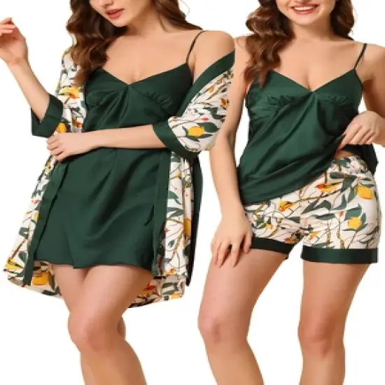 cheibear Womens Satin Floral Lounge Cami Nightgown Sleepwear 4pcs Pajama Sets image {6}