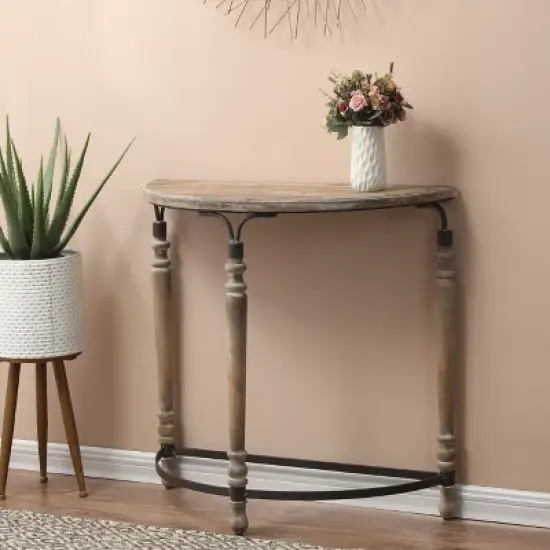 LuxenHome Rustic Wood and Metal Half Moon Console and Entry Table image {2}