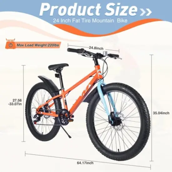 INFURNIC Bicycles 24 Inch Fat Tire Mountain Bike with Shimano 7 Speed and Dual Disc Brakes for Boys and Girls, Orange, 64.17"*24.8"*35.04" image {2}