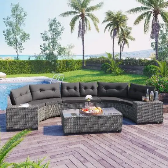 Sapphtopaz 8-Piece Modular Half-Moon Outdoor Patio Sofa Set, PE Rattan Wicker Modular Sofa, Curved Outdoor Sofa Set with Coffee Table & Cushion image {7}