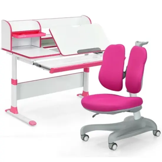 Costway Adjustable Kids Study Desk Drafting Table Chair Set w/ Bookshelf image {10}