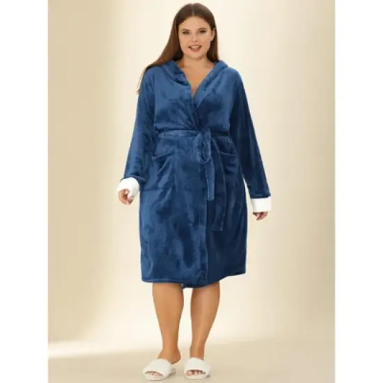Agnes Orinda Women's Plus Size Nightgown Faux Fur Robe Fleece Hood Warm Plush Flannel Robe image {2}