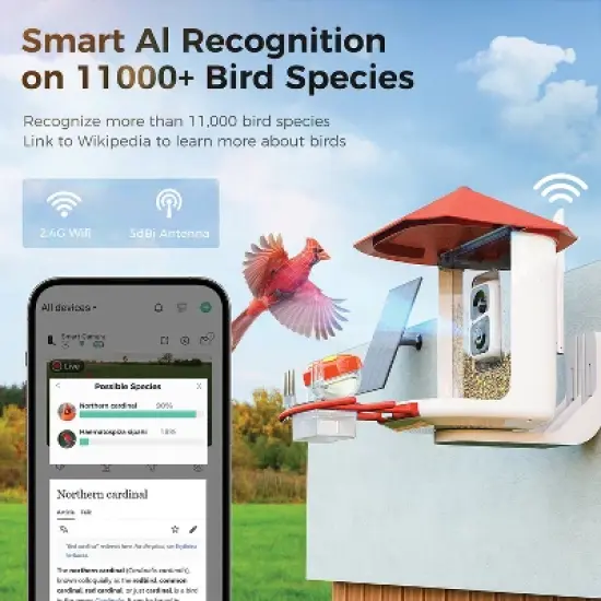 PerchMe&trade; AI-Recognition Smart Bird Feeder with Camera, Solar-Powered (Vermilion Canopy) image {3}
