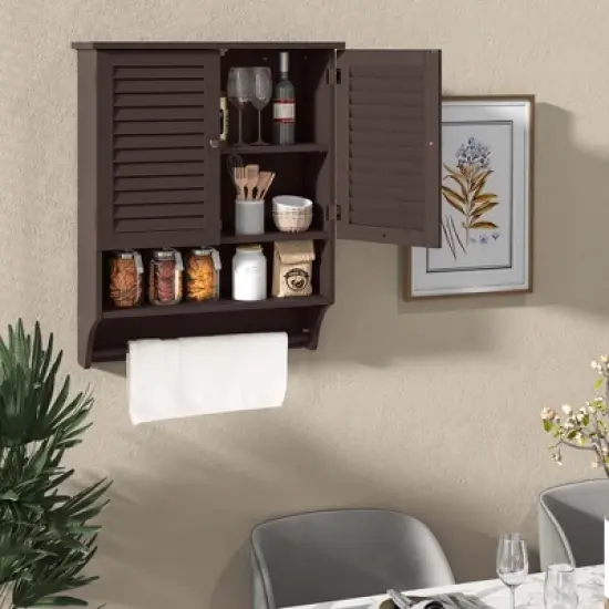 Costway Bathroom Wall Mounted Medicine Cabinet with Louvered Doors & Towel Bar Espresso/Grey/White image {4}