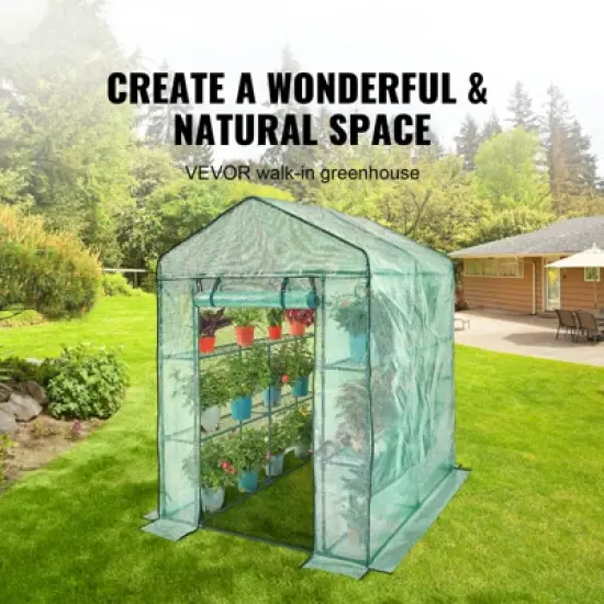 VEVOR Walk-in Green House, 4.6 x 4.6 x 6.6 ft , Greenhouse with Shelves, High Strength PE Cover with Zipper Door and Steel Frame, Assembly in Minutes image {2}