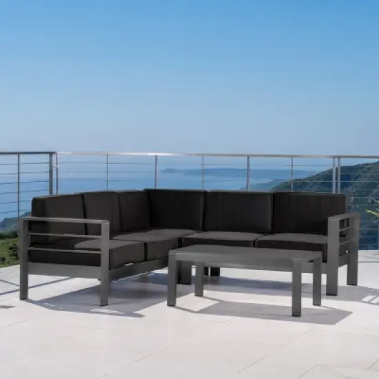 Christopher Knight Home Cape Coral Outdoor V-Shape Aluminum 5 Seater Sectional Sofa Set with Water-Resistant Cushions image {10}