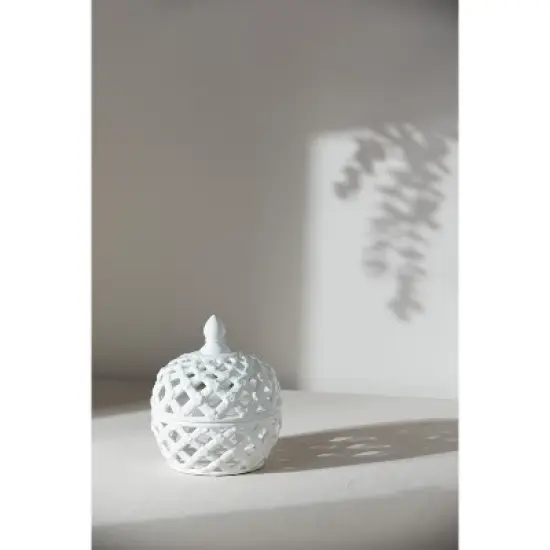 D8x9.5in White Ceramic Lidded Jar with Lattice Design image {4}