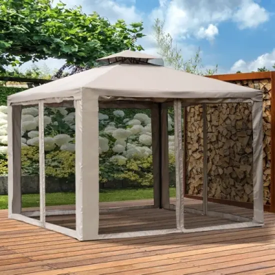 Outsunny 10' x 10' Patio Gazebo Outdoor Canopy Shelter with 2-Tier Roof and Netting, Steel Frame for Garden, Lawn, Backyard and Deck image {2}