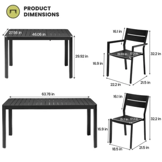 Crestlive products 7pc aluminum patio dinning set 63.78in table and 6 chairs Aluminum top Black for outdoor pool lawn image {1}