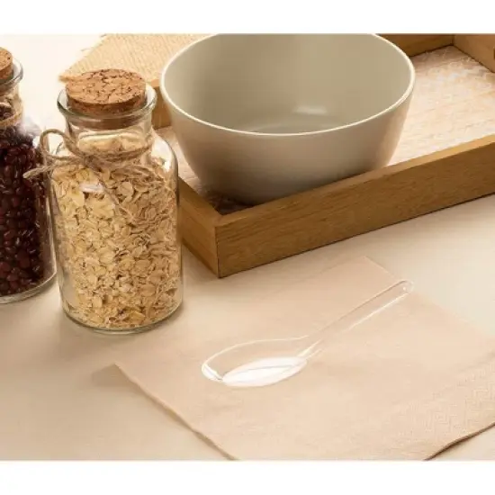 Juvale 200 Pack Disposable Soup Spoons, Plastic Utensils for Appetizer, Ramen, Pho, Clear (4.5 x 1.2 In) image {1}