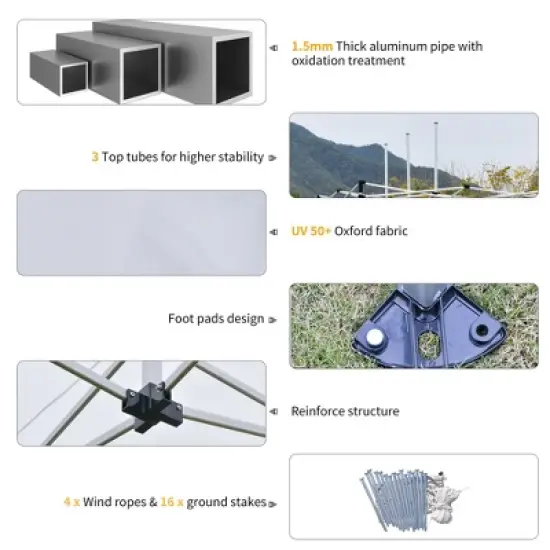 Outsunny 10'x20' Aluminum Pop Up Canopy Folding Instant Shelter Party Tent with Wheeled Bag, Thicker Tube, Ground Stakes for Patio Backyard image {6}