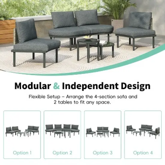 FIONECA 6-Piece Half Moon Outdoor Sectional Sofa Set with 2 Coffee Tables, Gray PE Wicker Patio Furniture with Cushions & Pillows image {2}