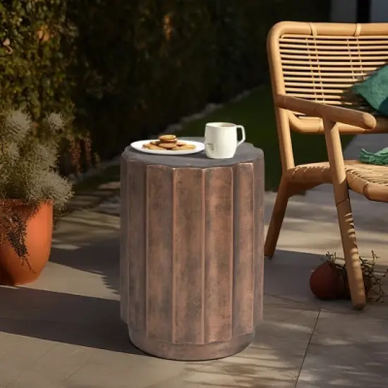 LuxenHome Outdoor Side Table,18" Weathered Copper Brown Cement Round Patio End Table,Accent Table for Outdoor and Indoor image {3}
