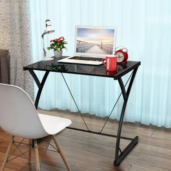 Costway Glass Top Computer Desk Laptop Writing Study Workstation Z-Shaped Metal Frame image {4}