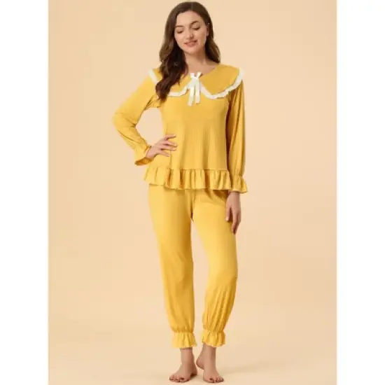 Allegra K Women's Sleepwear Lounge Peter Pan Collar Long Sleeve Ruffle Pajama Set image {2}
