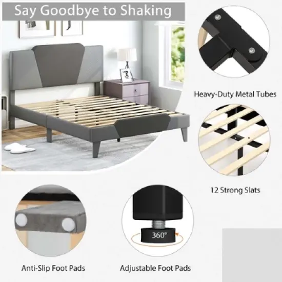 Costway Full/Qween/Twin Size Upholstered Platform Bed Frame Velvet Headboard Mattress Foundation image {7}