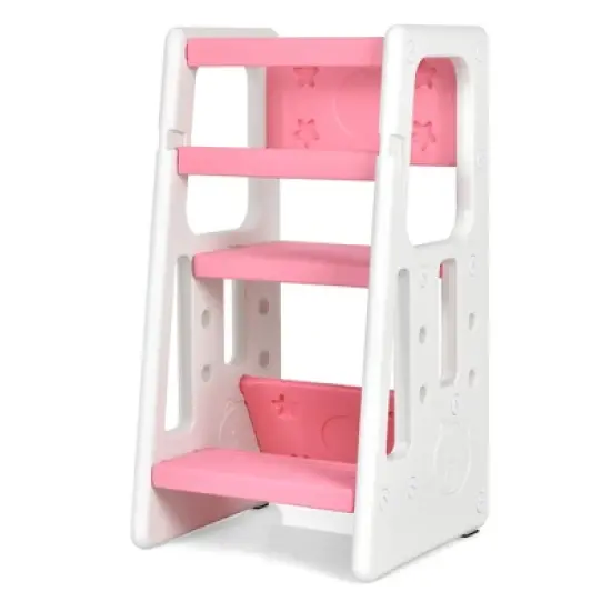 Costway Kids Kitchen Step Stool with Double Safety Rails Toddler Learning Stool Pink\Brown\Green\Gray image {13}