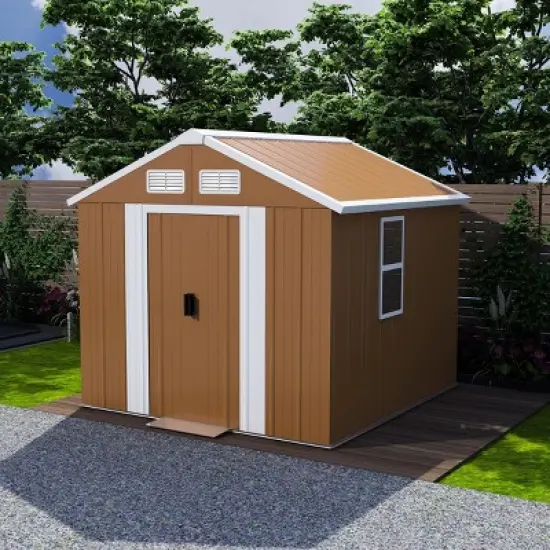 Brown Heavy-Duty Metal Outdoor Storage Shed with Windows, Lockable, All-Weather Waterproof Garden Tool Shed for Backyard or Lawn &ndash; Cuddlewood image {10}