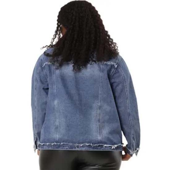 Agnes Orinda Women's Plus Size Button Down Frayed Chest Pockets Short Denim Jacket image {4}
