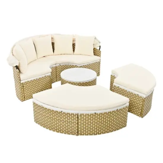 Round Outdoor Patio Sectional Sofa Set Rattan Daybed Two-Tone Weave Sunbed with Retractable Canopy, 4A -ModernLuxe image {9}