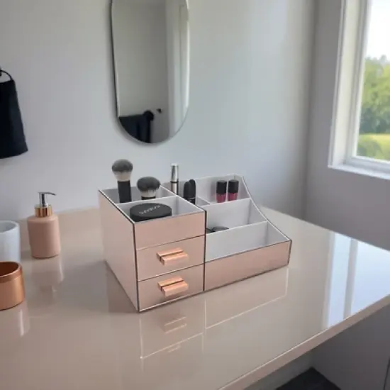 OnDisplay Cindy Tiered 2 Drawer Mirrored Acrylic Makeup/Jewelry Organizer for Bathroom Vanity/Desktop image {1}