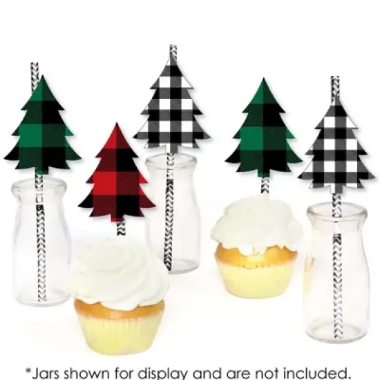 Big Dot of Happiness Holiday Plaid Trees - Paper Straw Decor - Buffalo Plaid Christmas Party Striped Decorative Straws - Set of 24 image {3}