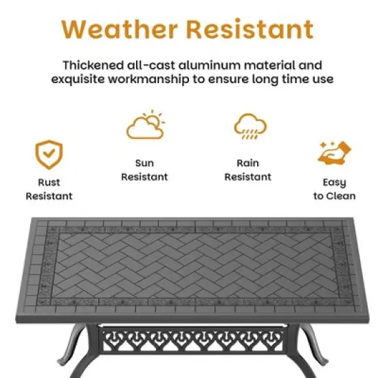 7-Piece Cast Aluminum Outdoor Dining Set: Rectangle Table, Stackable Chairs & Blue Cushions - All-Weather Patio Furniture for Your Backyard image {4}